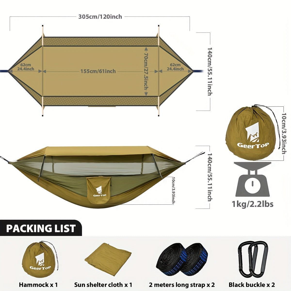 [3-in-1 Hammock] GEERTOP 3-in-1 Outdoor Hammock | Double Sleep Rest Camping Hammock with Mosquito Net Sun Shelter for Backpacking Travel Garden Park - Daisan Mart