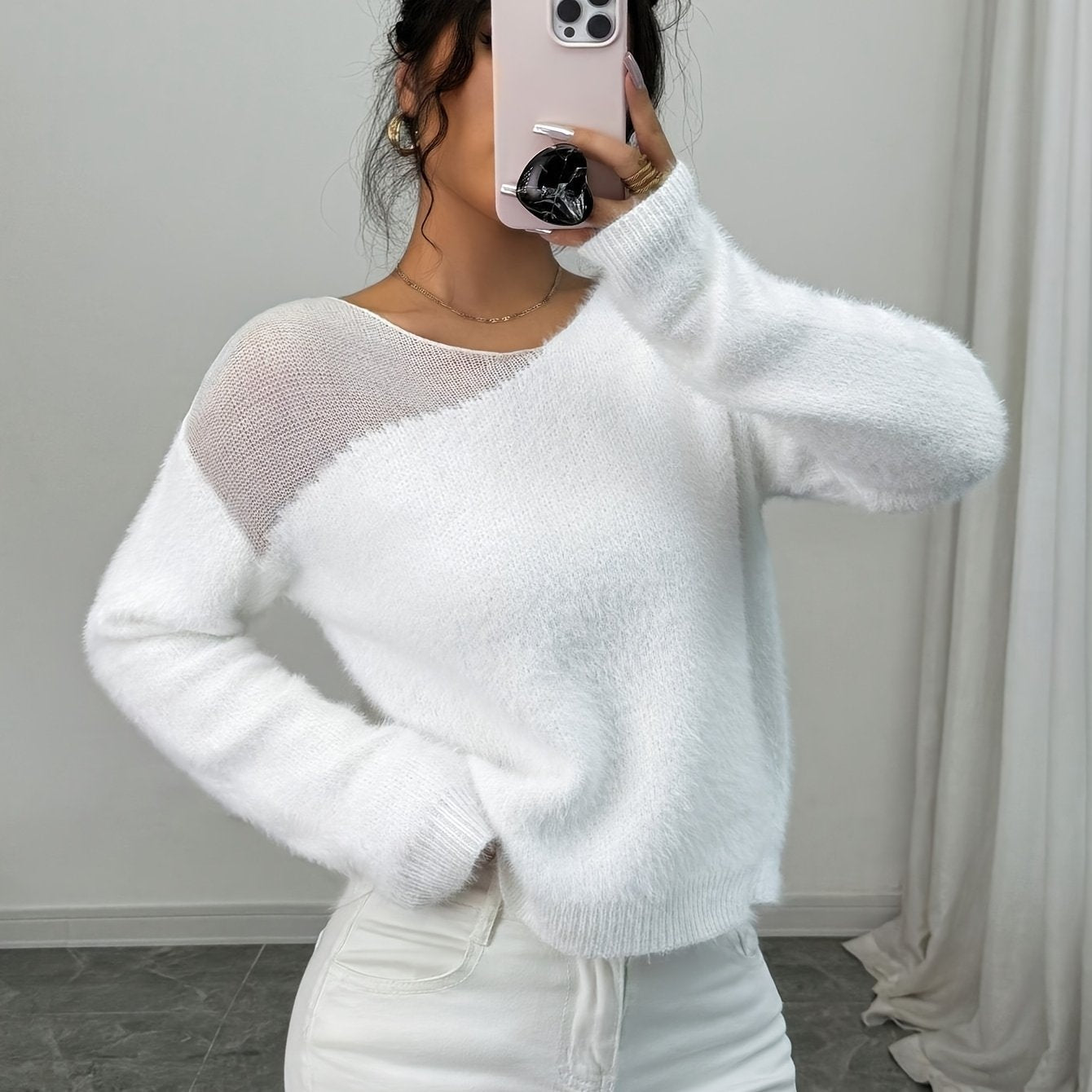 Gavin Women's Elegant Semi-Sheer Sweater - Soft Stretch Round Neck Long Sleeve Top, All-Season Versatile Layering Piece, Solid Color Chic Pullover, Sweater, Casual Wear, Minimalist Fashion, Comfortable Fit