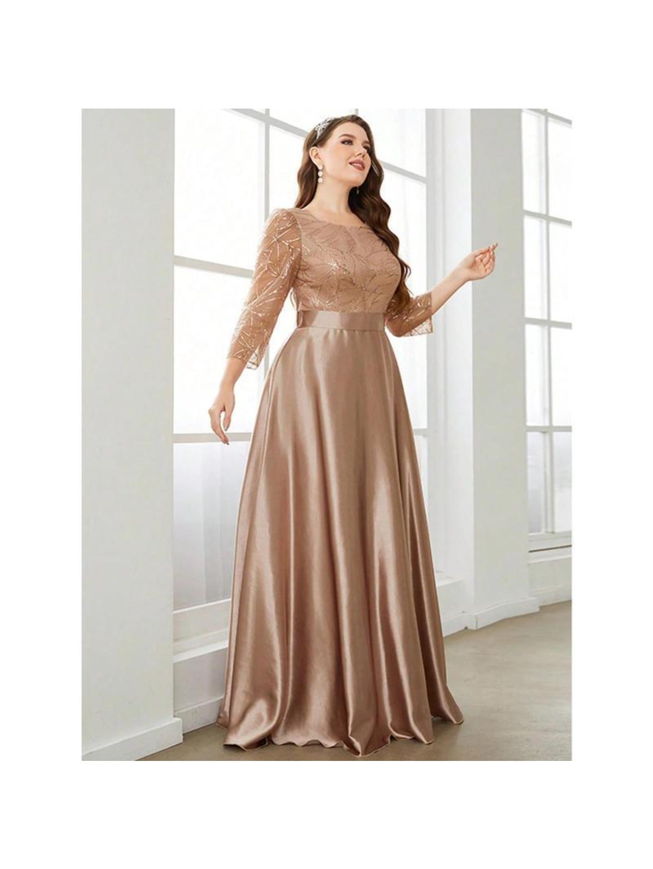 Plus Size - Plus-Size Women'S Elegant Evening Gown - Mermaid to A-Line Silhouette Long Sleeve Wedding & Party Dress with Round Neck, Floor-Length Formal Attire, Solid Burgundy Color, All-Season Fit for Banquets, Proms & Speci
