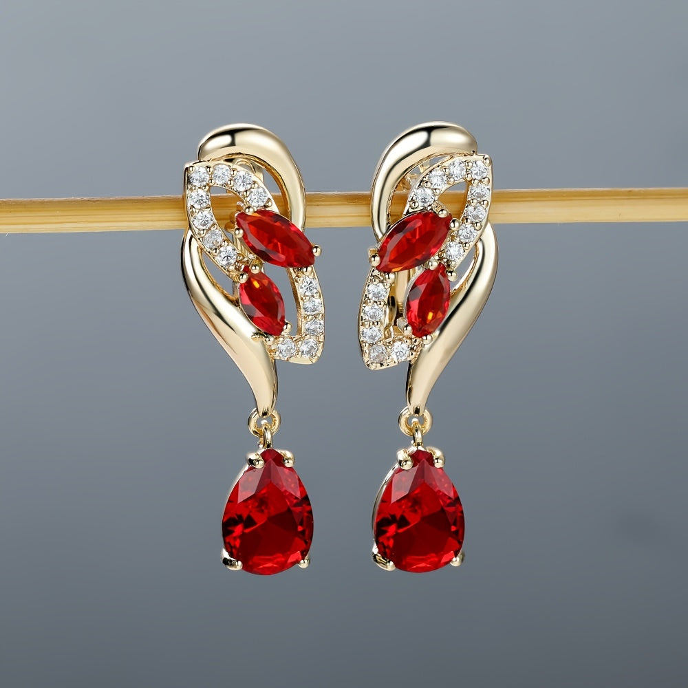 ANGOL Romantic Flower Dangle Earrings for Women - Golden-Tone Floral Design with Red &amp; Clear Synthetic Gemstones, Elegant Party &amp; Everyday Jewelry Gifts