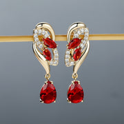 ANGOL Romantic Flower Dangle Earrings for Women - Golden-Tone Floral Design with Red &amp; Clear Synthetic Gemstones, Elegant Party &amp; Everyday Jewelry Gifts