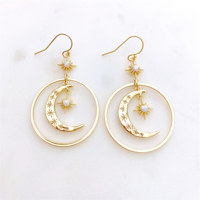 [Moon Earrings] Golden-Tone Boho-Chic Moonstone Dangle Earrings for Women - Crescent Moon with Star Motifs, Zinc Alloy, Perfect for Daily Wear & Parties