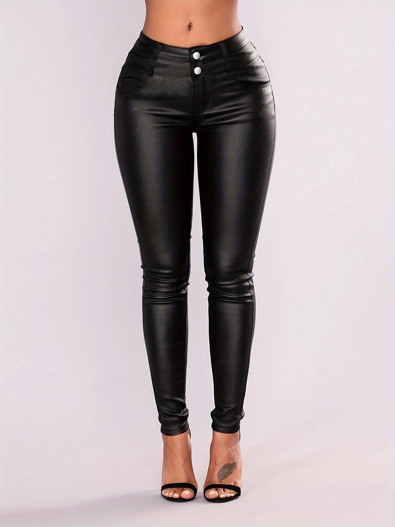Women's High-Waisted PU Leather Leggings - Solid Black Shiny Stretchy Tights with Full-Length Zipper Closure, All-Season Elegant & Comfortable Pants for Casual or Formal Outfits, Hand Washable & Wrinkle-Resistant, PU-Coated S