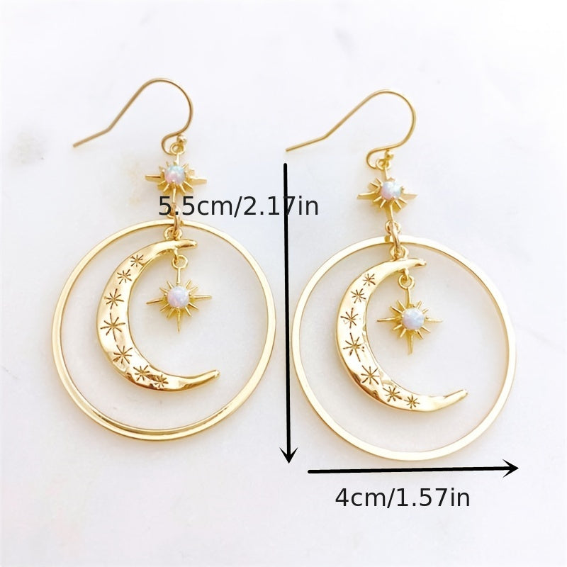 [Moon Earrings] Golden-Tone Boho-Chic Moonstone Dangle Earrings for Women - Crescent Moon with Star Motifs, Zinc Alloy, Perfect for Daily Wear & Parties