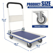 A Foldable Platform Hand Truck With High Load-bearing Capacity, Crafted From Carbon Steel, Features Two 360° Silent Swivel Wheels And Two Fixed Silent Wheels For Easy Transportation Of Boxes, Furniture, And Appliances. Ideal