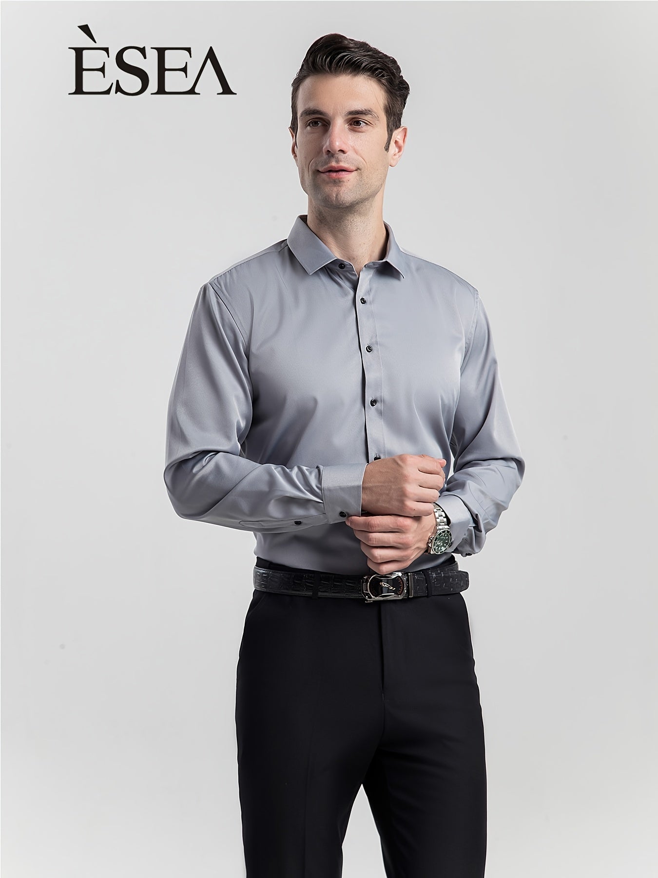 男士修身彈性正裝襯衫，輕薄商務翻領長袖襯衫，男士商務襯衫抗皺耐用純色正裝長袖襯衫，帶紐帶和口袋，適合工作、通勤、約會