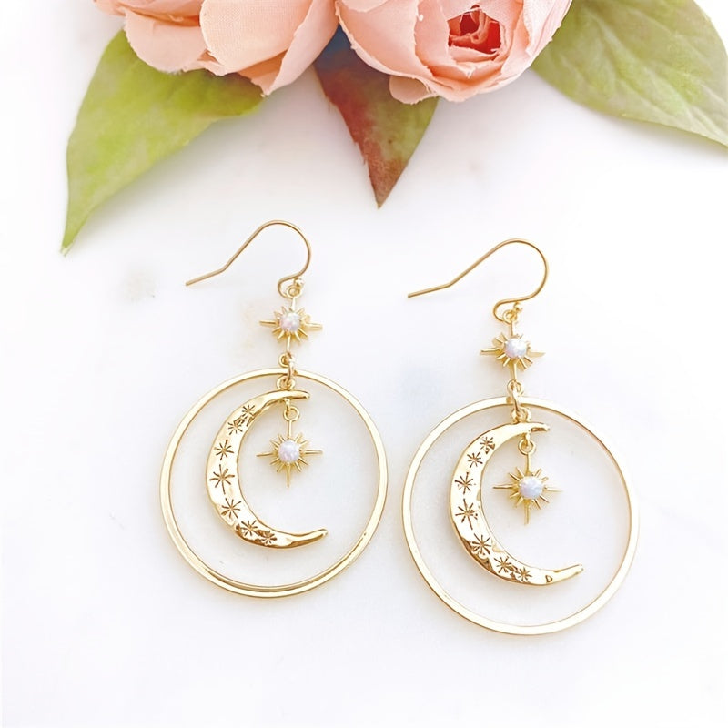 [Moon Earrings] Golden-Tone Boho-Chic Moonstone Dangle Earrings for Women - Crescent Moon with Star Motifs, Zinc Alloy, Perfect for Daily Wear & Parties