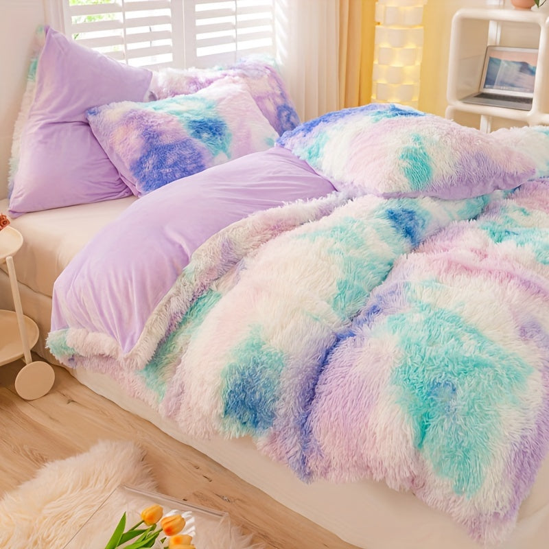 3pcs Y2K Tie Dye Plush Duvet Cover Set ( 1 Duvet Cover + 2 Pillowcase), Soft & Warm Bedding Set