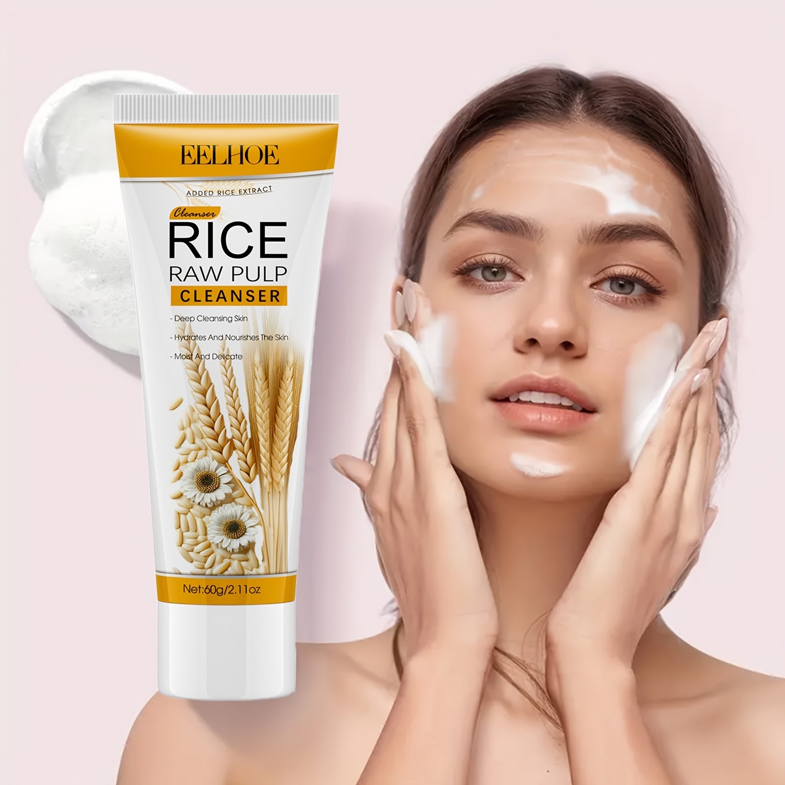 Rice Raw Pulp Foaming Cleanser - 60g |, Alcohol-Free with Hyaluronic Acid &amp; Fresh Scent | Deep Pore Cleansing for Radiant Skin