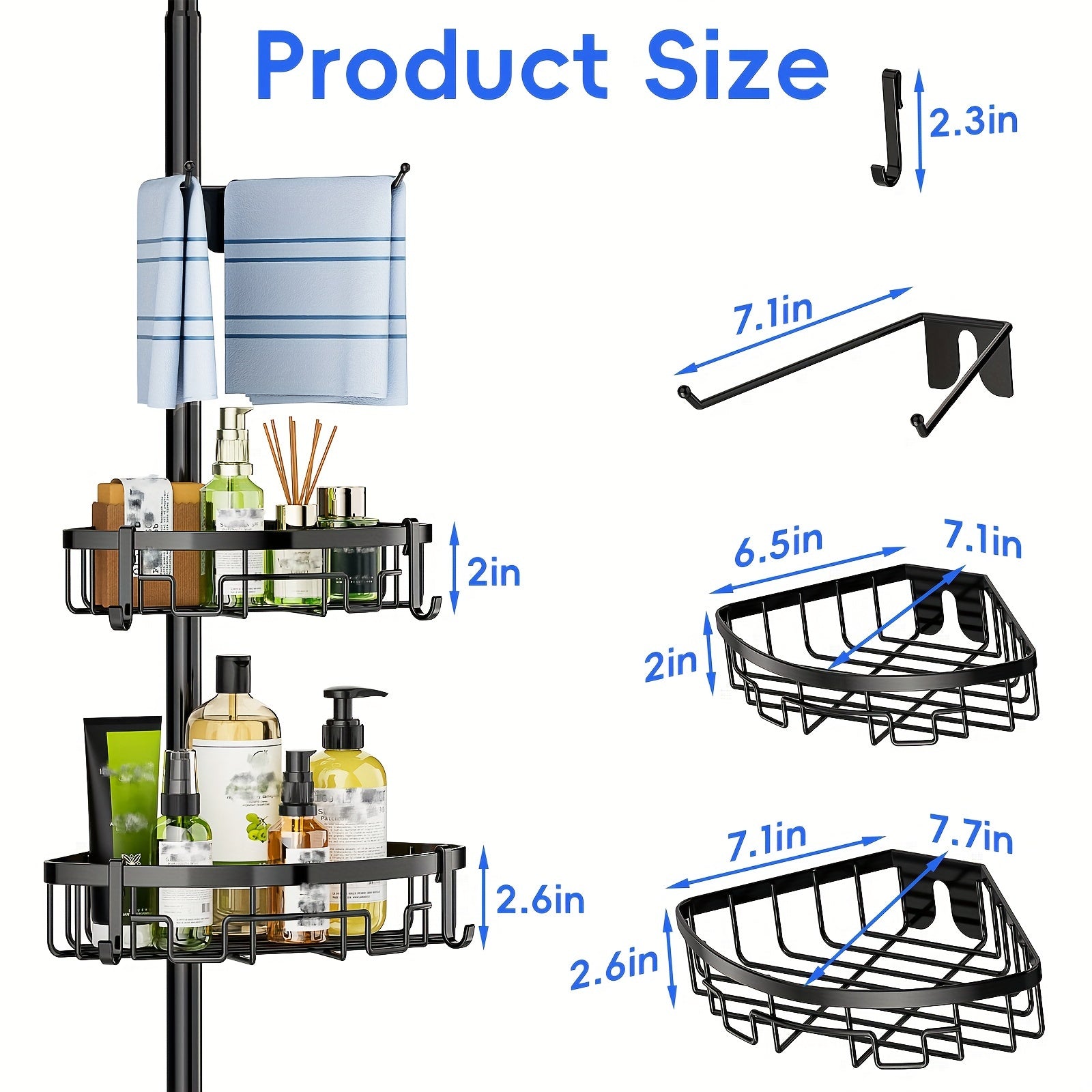 4-Tier Adjustable Corner Shower Caddy with Rust-Resistant Stainless Steel Pole &amp; Tension Control - Heavy-Duty Black Bathroom Organizer with Multi-Tier Shelves, Space-Saving Vertical Storage for Shower, Bathtub, or Sink Area -
