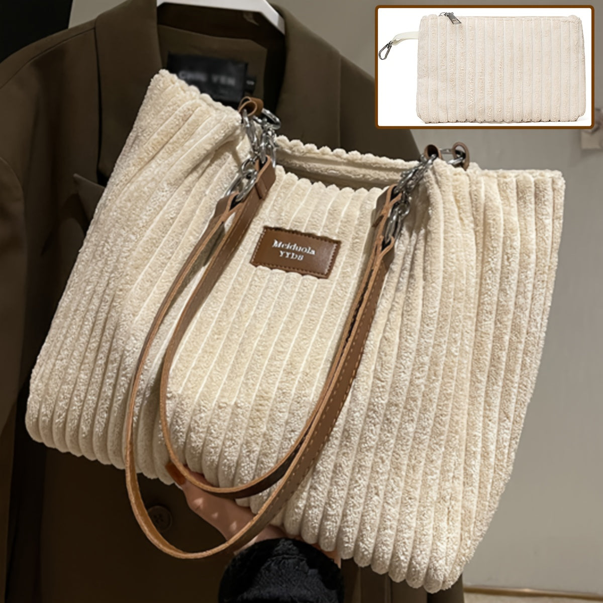 Perfect Lily Women's 2pcs Corduroy Tote & Handbag Set - Elegant Large Capacity Handbags with Zipper Closure, Fixed Strap & Polyester Lining, Beige/White/Green/Black, Versatile for Daily Commute, Work, Shopping - Durable Cordu - Daisan Mart