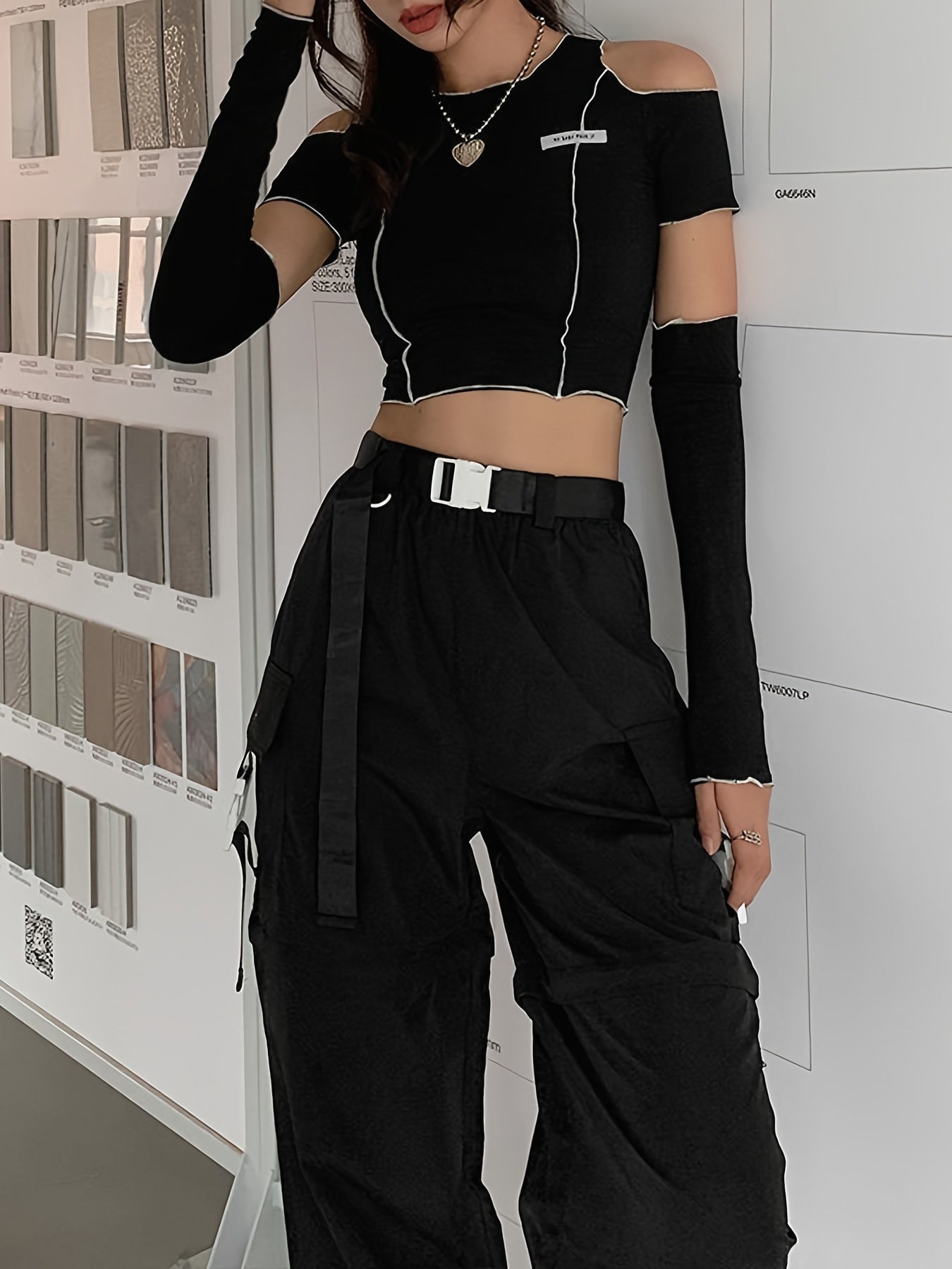 Off Shoulder Hollow Crew Neck T-shirt, Casual Loose Long Sleeve Fashion Summer Slim Bottoming T-Shirts Tops, Women's Clothing - Daisan Mart
