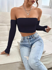 Women's Off-Shoulder Short Crop Top - Slim-Fit Sleeve Stretchy Shirt, Solid Black All-Season Versatile Top for Casual & Formal Outfits, Machine Washable Elegant Women's Fashion Apparel