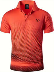 Áo polo cam, hoạ tiết chấm bi đen, cổ bẻ, logo đen bên ngực trái.