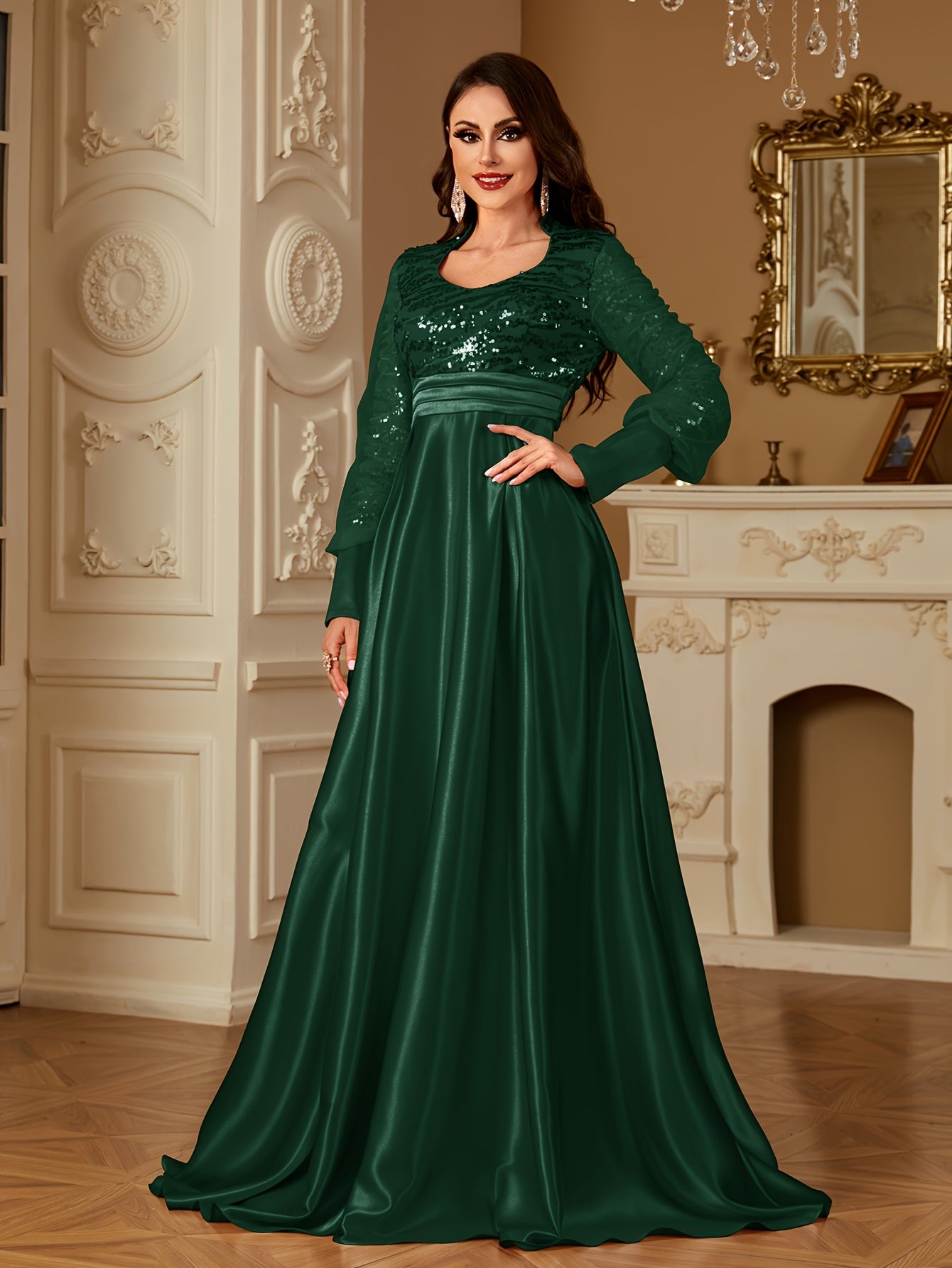 XUIBOL Women's Elegant Long Sleeve Satin Evening Gown - Waist-Cinching Slim Fit A-Line Dress with Sparkling Pearl & Sequin Embellishments, Round Neck Floor-Length Formal Party Dress for Weddings & Galas - Daisan Mart