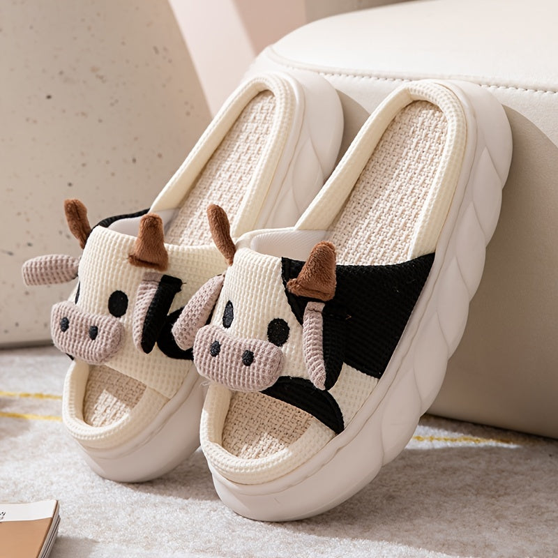 Women's Warm Cartoon Cow Slippers, Soft Anti-Slip Sole