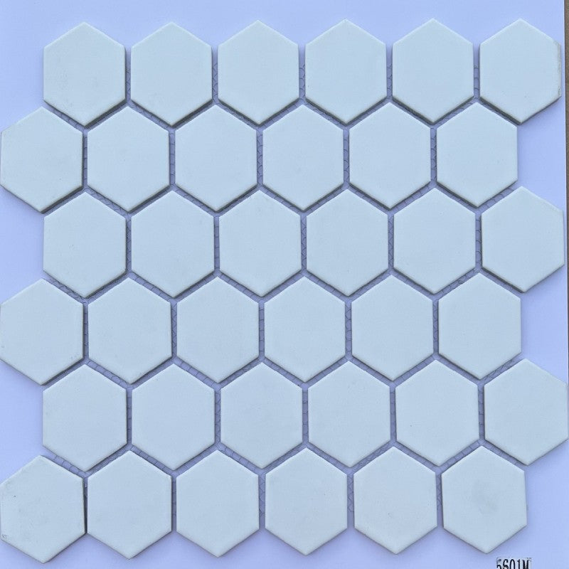 White matte hexagonal mosaic tiles 