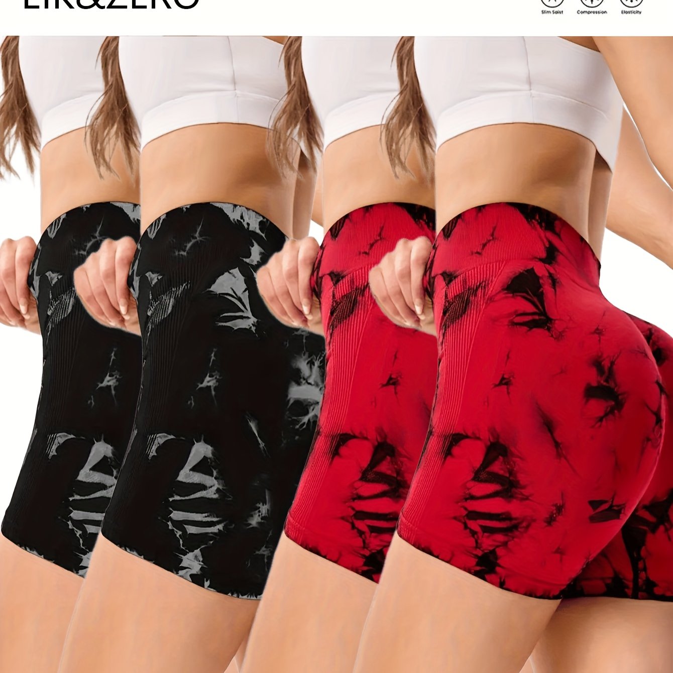 4pcs Dfyne Impact Women's High-Waisted Yoga Shorts - Seamless Tummy Control, Butt-Lifting Tie-Dye Design with Elastic Waistband, 4 Colors (Black/Red Camo, Navy/White, Purple/Teal, Red Floral) - Breathable Stretchy Workout Sho