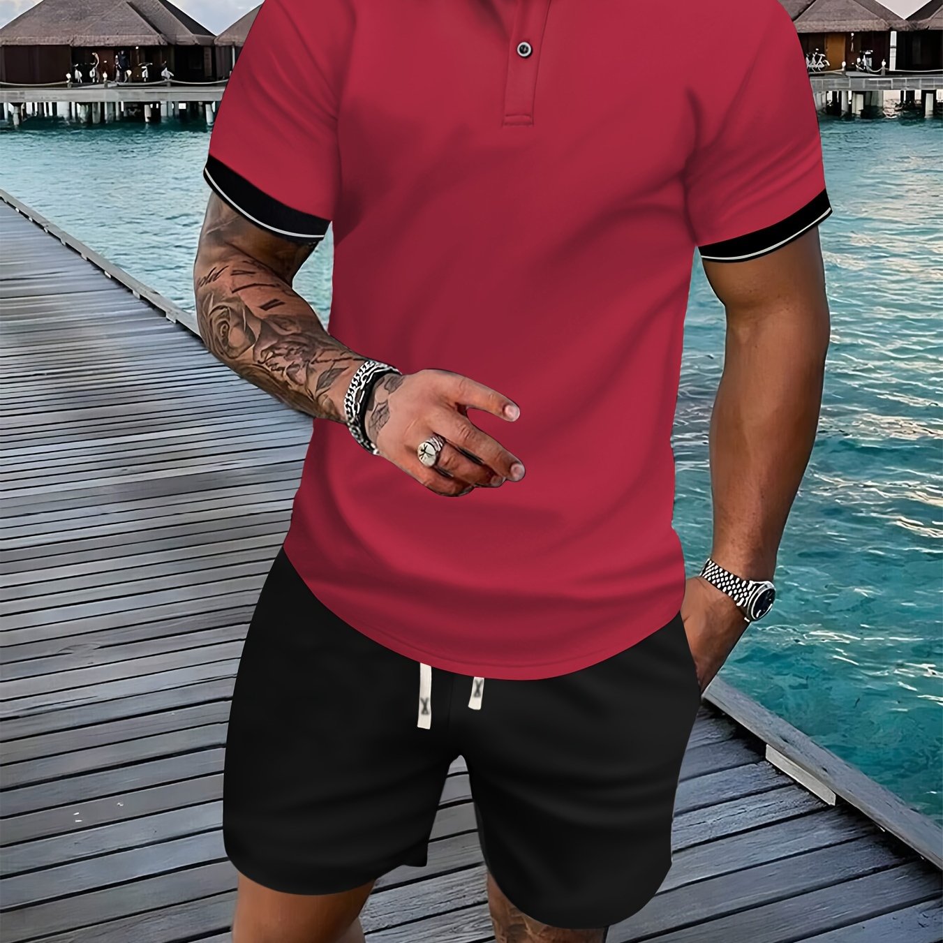 Bộ Golf Nam Hè: Áo Viền Tương Phản & Quần Dây Rút