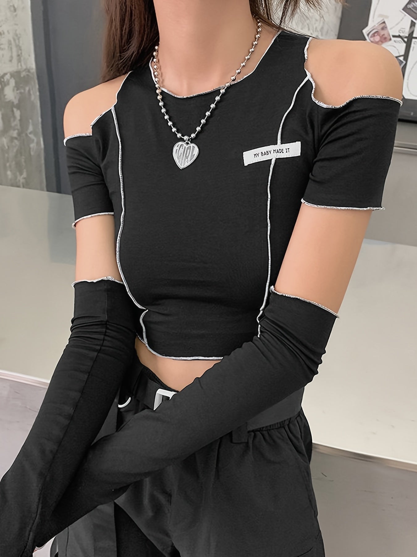 Off Shoulder Hollow Crew Neck T-shirt, Casual Loose Long Sleeve Fashion Summer Slim Bottoming T-Shirts Tops, Women's Clothing - Daisan Mart