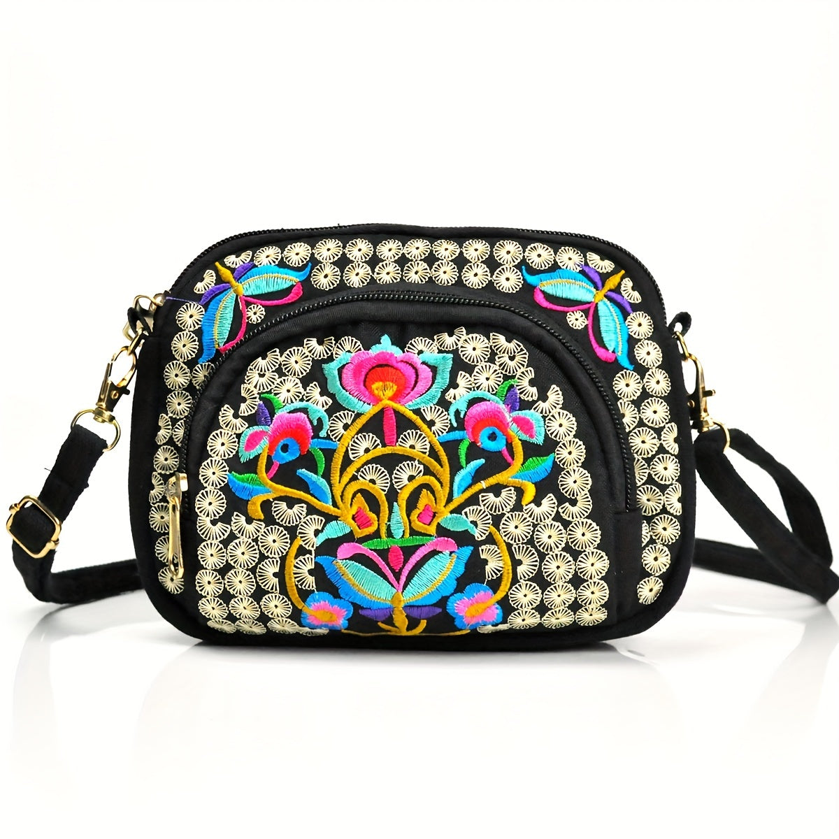Embroidered Floral Crossbody Bag, Detachable Strap