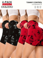 4pcs Dfyne Impact Women's High-Waisted Yoga Shorts - Seamless Tummy Control, Butt-Lifting Tie-Dye Design with Elastic Waistband, 4 Colors (Black/Red Camo, Navy/White, Purple/Teal, Red Floral) - Breathable Stretchy Workout Sho