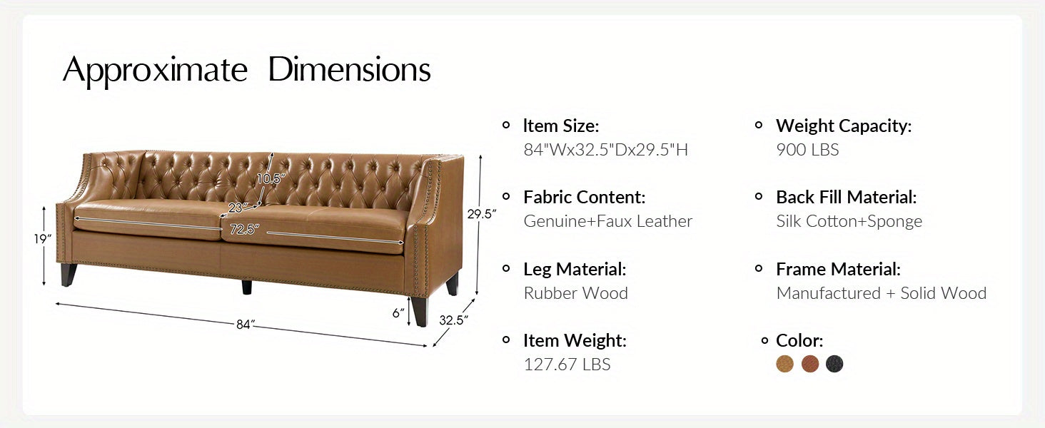 [Luxury Chesterfield Sofa] HULALA HOME 84" Genuine Leather Chesterfield Sofa | Button-Tufted 3-Seater with Solid Wood Legs, Mid-Century Modern Design, Camel Upholstery for Living Room, Apartment & Entertainment Areas, Section - Daisan Mart