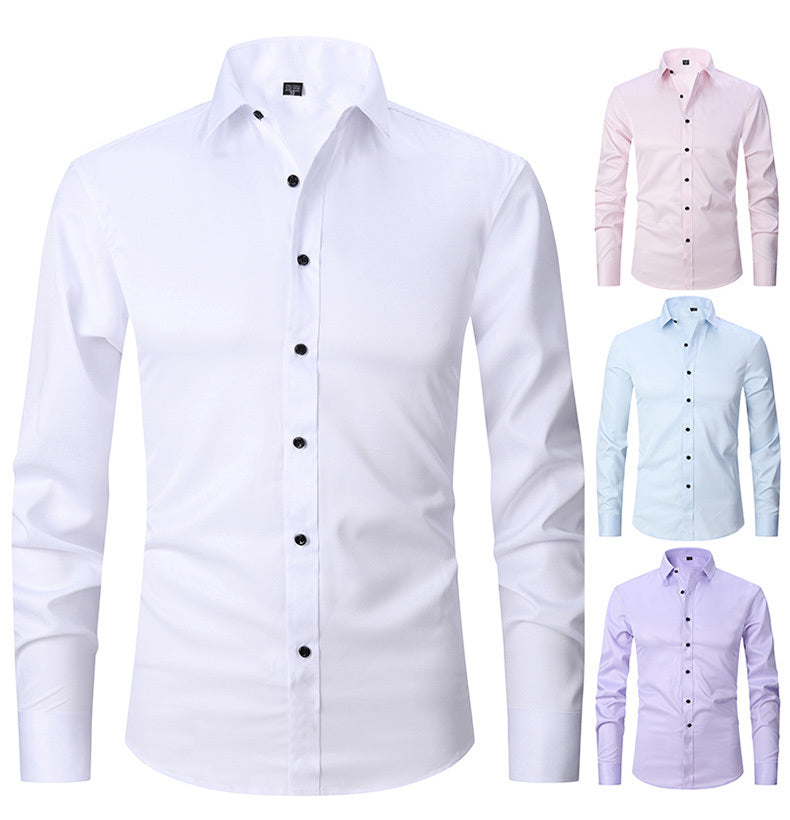 男士修身彈性正裝襯衫，輕薄商務翻領長袖襯衫，男士商務襯衫抗皺耐用純色正裝長袖襯衫，帶紐帶和口袋，適合工作、通勤、約會