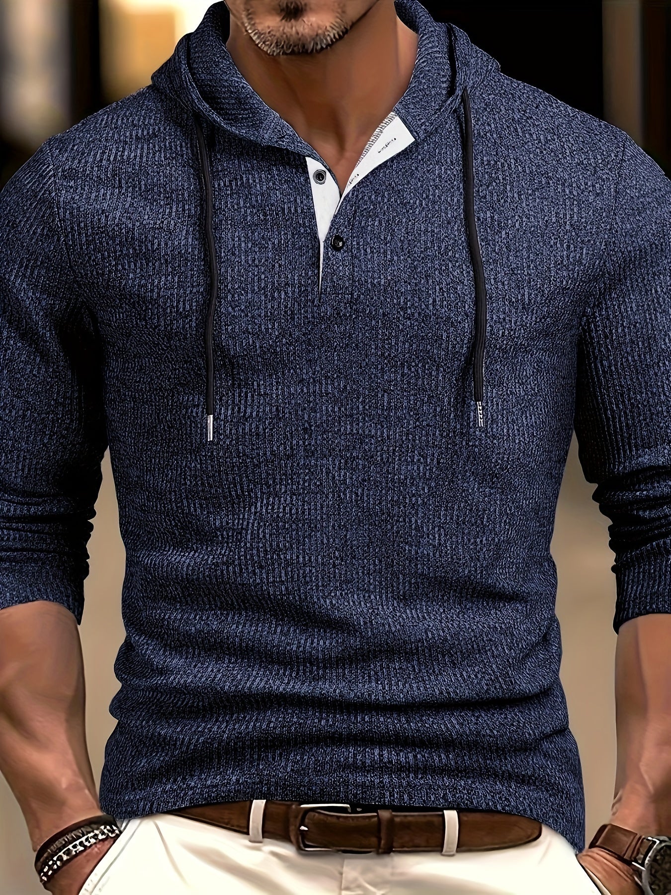 Men's Long Sleeve Stretch Sports Henley Shirt with Hood &amp; Buttons