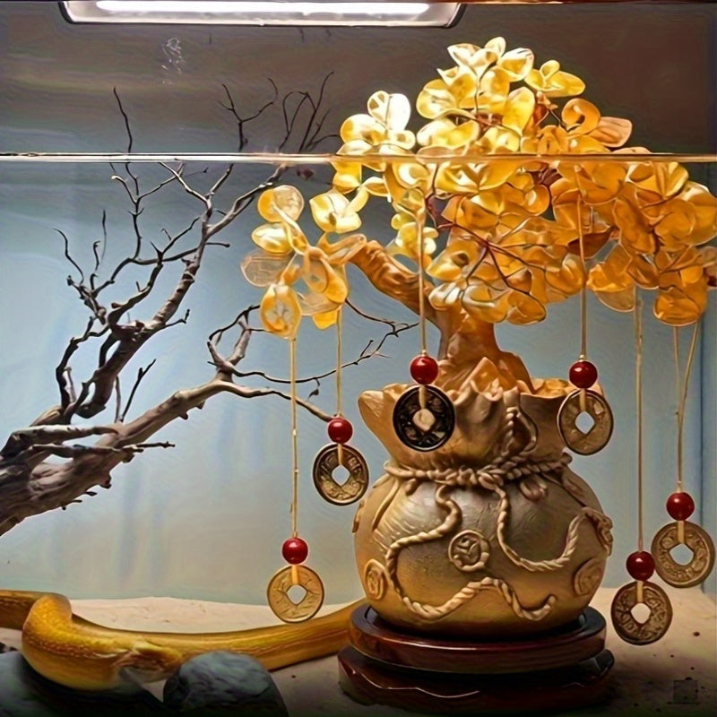 Elegant Golden Resin Wealth Tree with Natural Crystal Leaves - Attracts Prosperity & Fortune, Feng Shui-Inspired Home Decor, Unique Business Gift, Auspicious Wealth Symbol, Ideal for Reptile Habitat Tree, Feng Shui Home Decor