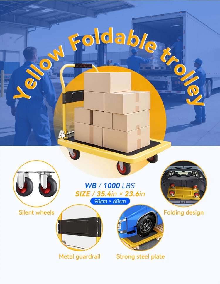 A Foldable Platform Hand Truck With High Load-bearing Capacity, Crafted From Carbon Steel, Features Two 360° Silent Swivel Wheels And Two Fixed Silent Wheels For Easy Transportation Of Boxes, Furniture, And Appliances. Ideal