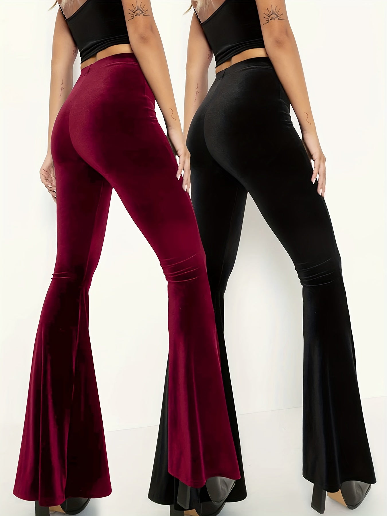 2pcs High Waist Velvet Pants Set for Women - Stretchy Polyester Knit Fabric, Black and Red, Flared Leggings, Fall/Winter Fashion - Daisan Mart