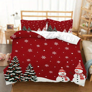 3pcs Christmas Bedding Snowman Pine Tree Pattern, Winter Holiday Red Duvet Cover, Festive Snowflake Design, Comfortable Home Bedroom Guest Room Supplies, Soft Microfiber Fabric, (1 + 2 Pillow Covers) - Daisan Mart