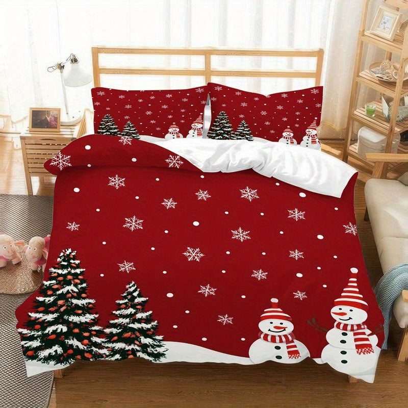 3pcs Christmas Bedding Snowman Pine Tree Pattern, Winter Holiday Red Duvet Cover, Festive Snowflake Design, Comfortable Home Bedroom Guest Room Supplies, Soft Microfiber Fabric, (1 + 2 Pillow Covers)