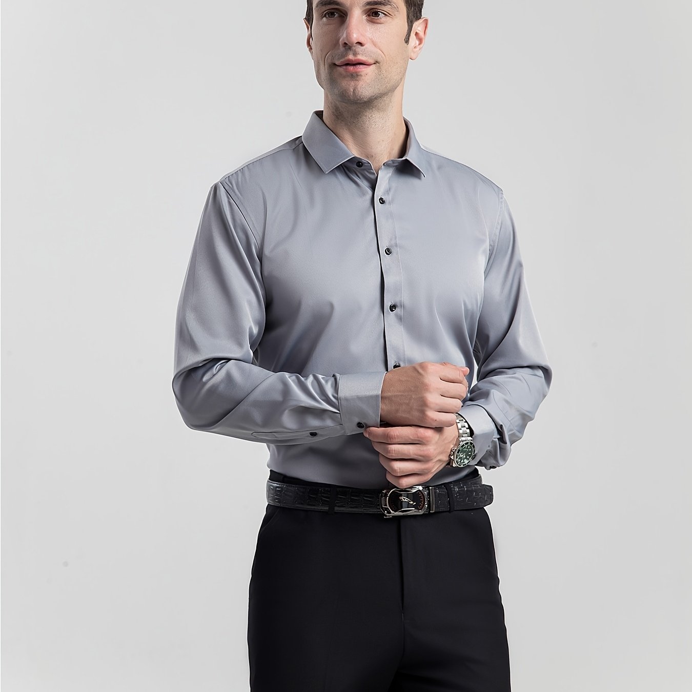 男士修身彈性正裝襯衫，輕薄商務翻領長袖襯衫，男士商務襯衫抗皺耐用純色正裝長袖襯衫，帶紐帶和口袋，適合工作、通勤、約會