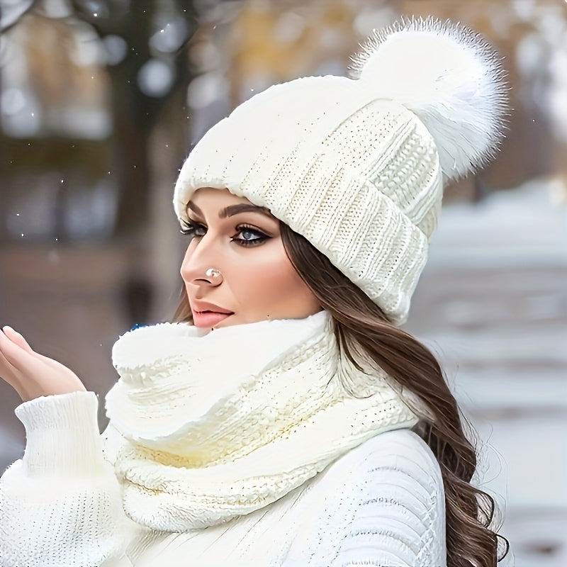 2pcs Winter Warm Set: Windproof Thick Beanie & Scarf Combo with Earmuffs-like Ear - Elastic Stretch Fit Striped Unisex Hat and Scarf for &, Hand Washable Polyester (Gray) - Cold Weather Accessories - Daisan Mart