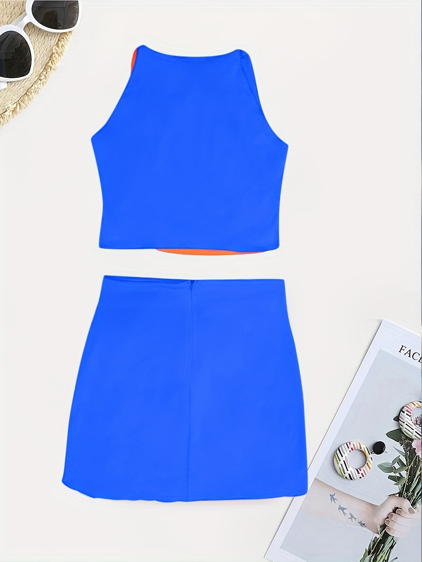 Beaded Color Block 2 Piece Set, Sexy Crop Halter Top & Asymmetrical High Waist Skirt, Women's Clothing - Daisan Mart