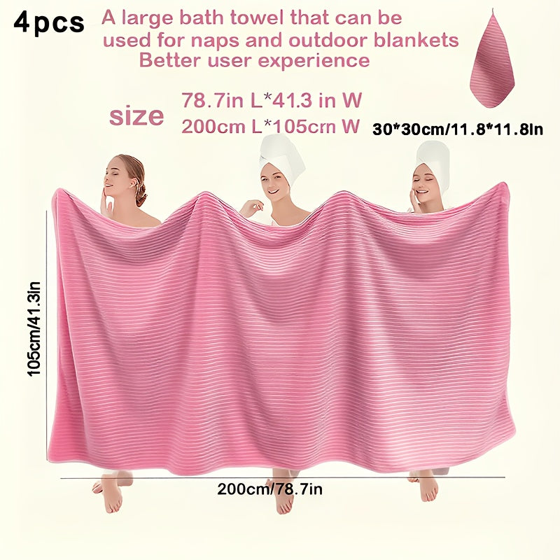 4pcs Oversized Bath Towel Set. Wraps Full Body with Star-Striped Large Bath Towel, Face Towel, Hand Towel, And Head Towel. 1 Oversized Soft Coral Fleece Bath Towel 78.74X41.34 Inches + 3 Square Towels 11.81X11.81 Inches. Soft