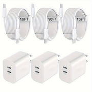 Ba cáp sạc trắng dài 10FT, ba củ sạc USB-C màu trắng, nền trắng.