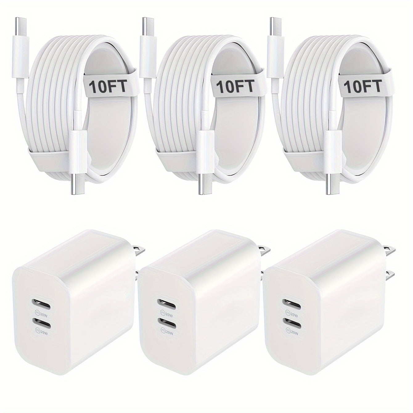 Ba cáp sạc trắng dài 10FT, ba củ sạc USB-C màu trắng, nền trắng.