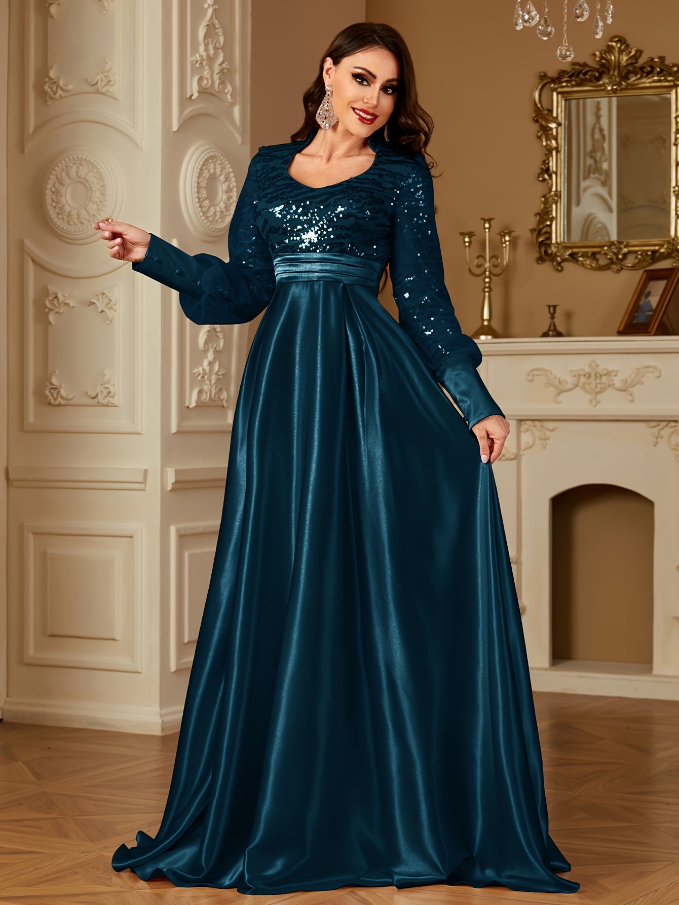 XUIBOL Women's Elegant Long Sleeve Satin Evening Gown - Waist-Cinching Slim Fit A-Line Dress with Sparkling Pearl & Sequin Embellishments, Round Neck Floor-Length Formal Party Dress for Weddings & Galas - Daisan Mart