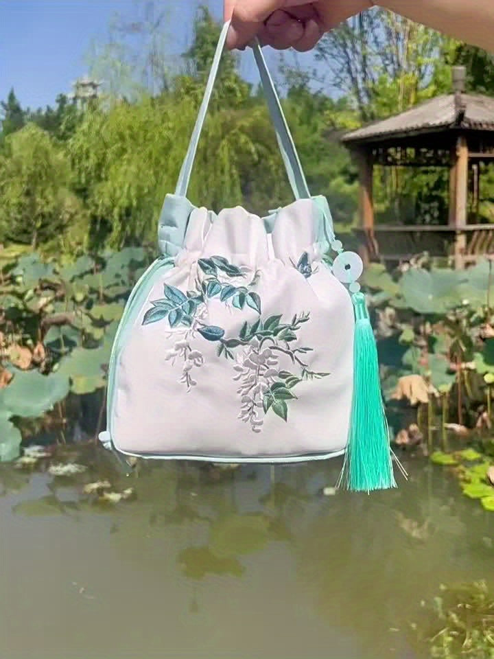 Túi Đeo Chéo Hanfu Thêu Hoa Tua Rua Hồng Cổ Điển