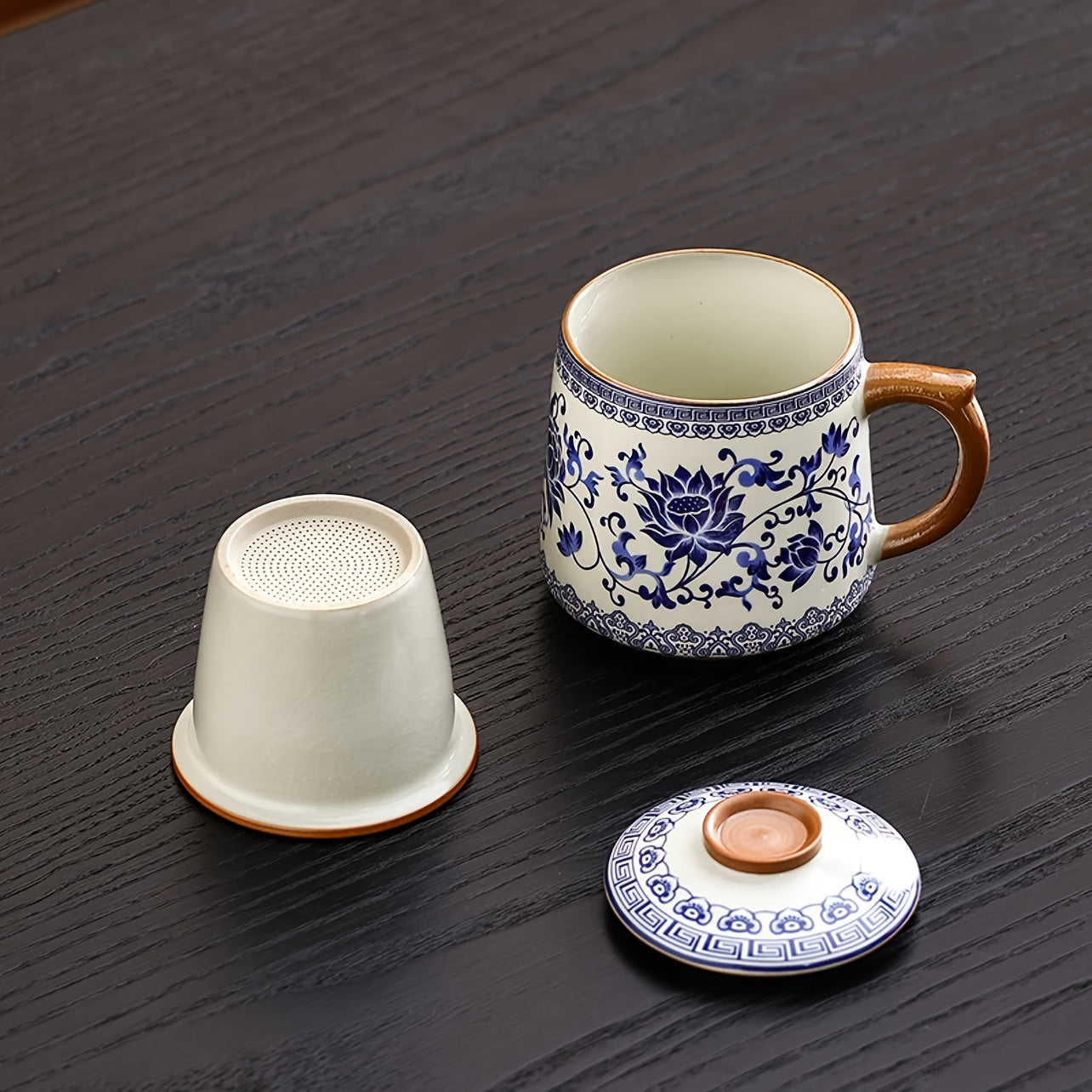 藍白汝家茶杯附蓋 - 花卉咖啡杯，手工製作，傳統中式設計，適合家庭和辦公室使用，僅限手洗，咖啡杯