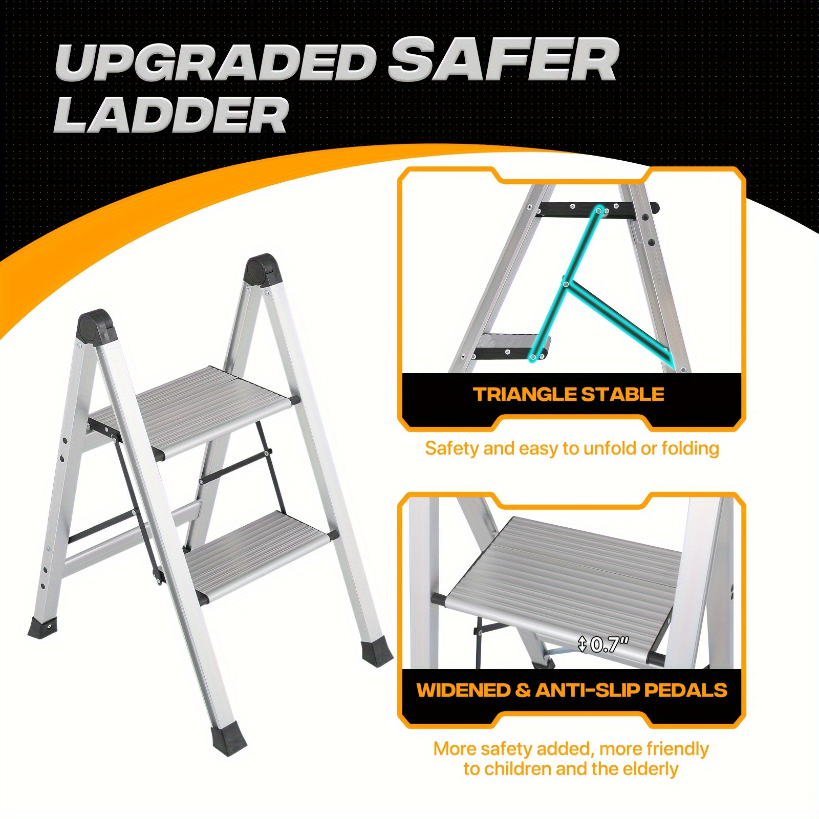 MoNiBloom 2 Step Ladder Portable Folding Stool with Wide Platform Step, Non-Slip Feet, 330 lbs Capacity for Home and Kitchen, Silvery