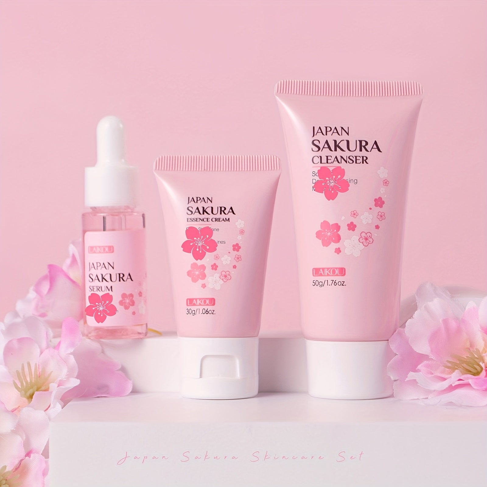 LAIKOU Sakura Cleanser Skin Care Set 3pcs, Face Wash 50g, Serum 0.57oz, Moisturizer 30g, Even Skin Tone, Smooth Fine Lines