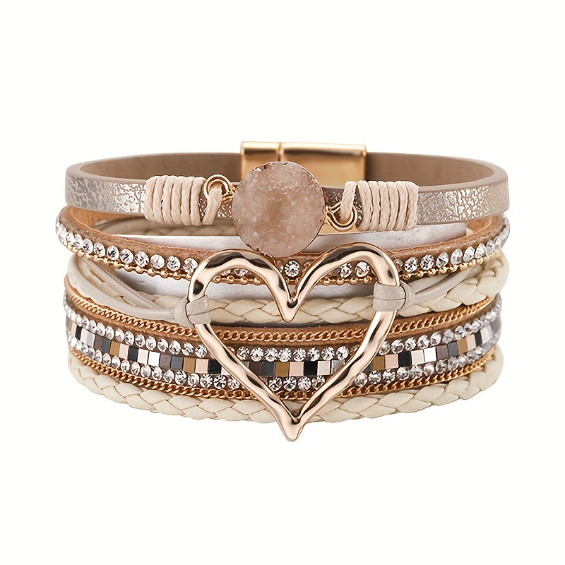 [Boho Chic Heart Bracelet] Boho Chic Multi-Layer PU Leather Magnetic Clasp Bracelet - Black Braided Design & Crystal Accents, Golden-Tone Metal Heart Pendant, Elegant Love Heart - Daisan Mart