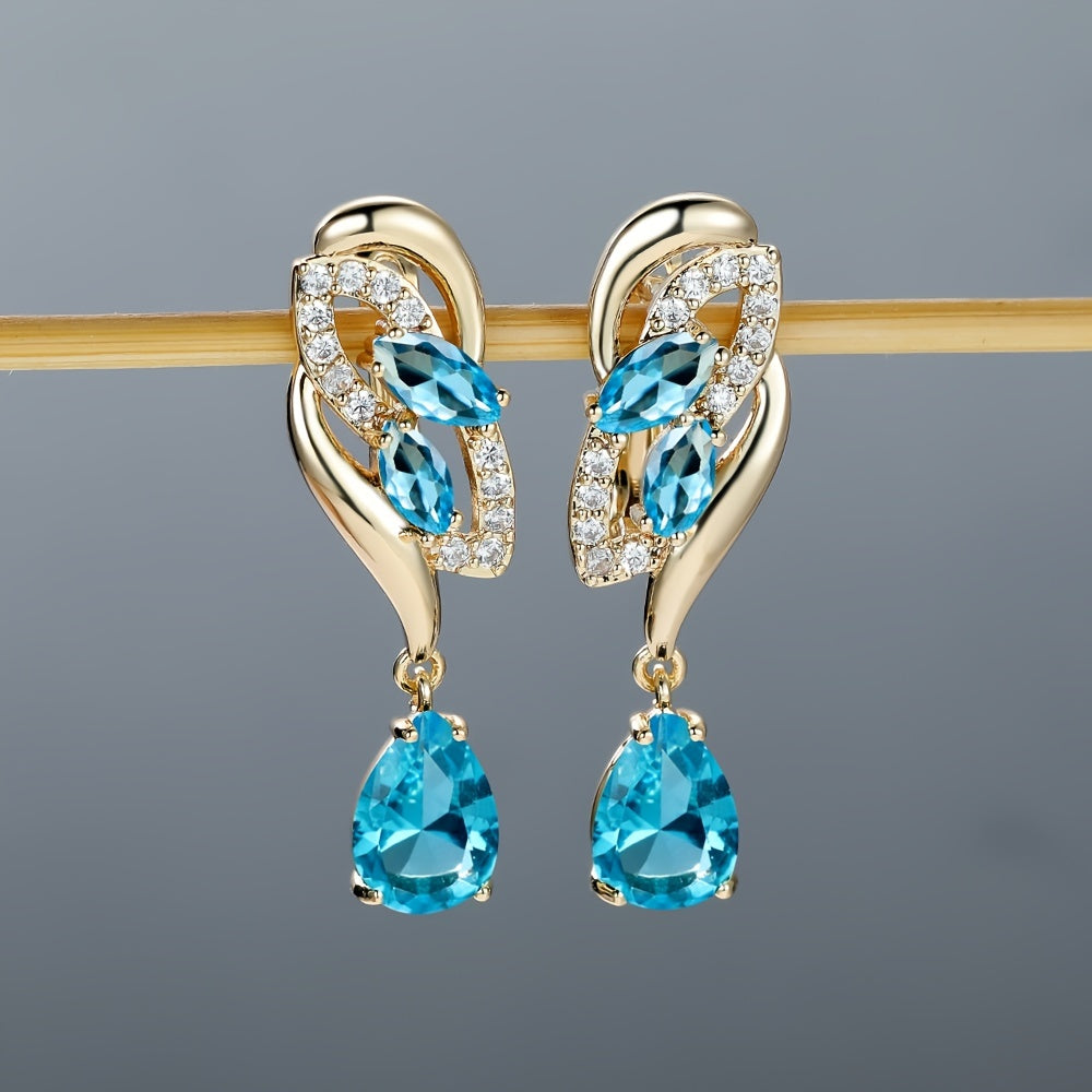 ANGOL Romantic Flower Dangle Earrings for Women - Golden-Tone Floral Design with Red &amp; Clear Synthetic Gemstones, Elegant Party &amp; Everyday Jewelry Gifts