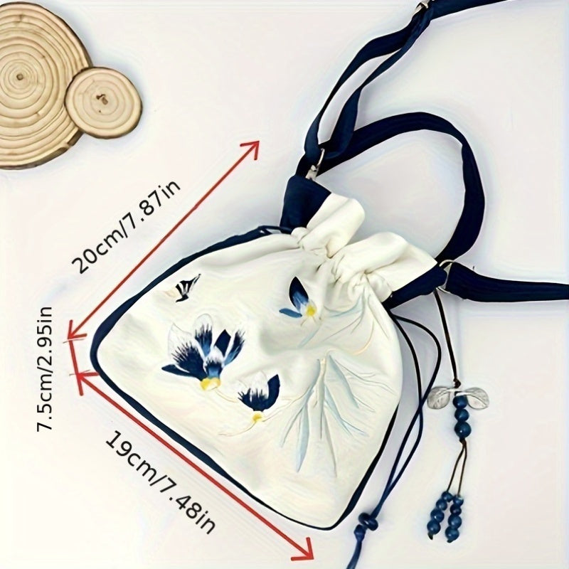 Túi Đeo Chéo Hanfu Thêu Hoa Tua Rua Hồng Cổ Điển