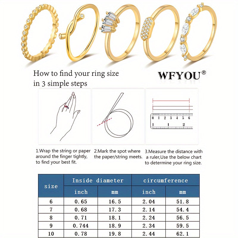 Set of 5 Women's Gold Rings, Non-Tarnish, With Stones, Many Sizes