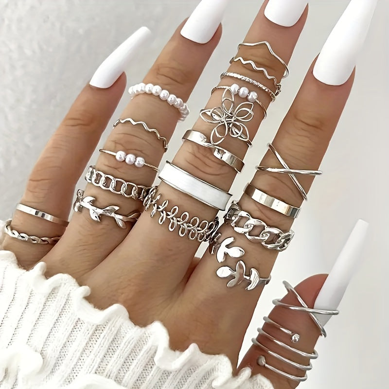 22-Piece Ring Set - Elegant &amp; Delicate Leaf Pattern